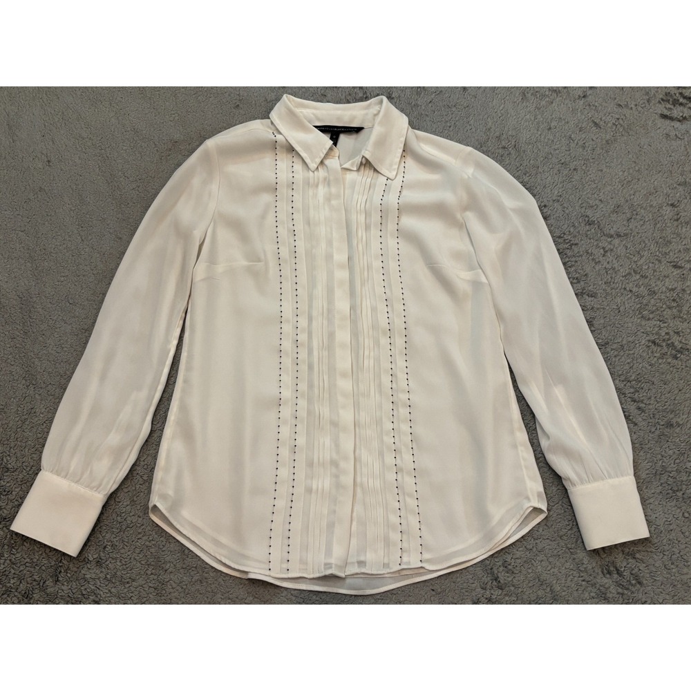 White House Black Market Blouse Womens 0 White Pleated Studded Long Sleeve Top